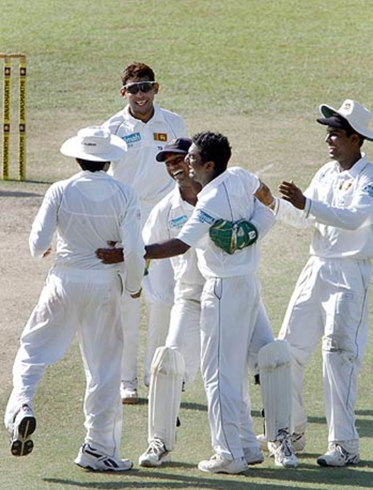Joy for Muttiah Muralitharan and his team-mates as AB de Villiers is dismissed, Sri Lanka v South Africa, 1st Test, Colombo (SSC), 4th day, July 30 2006