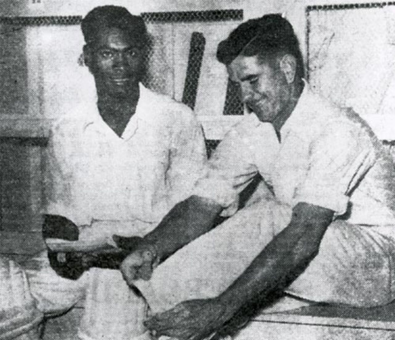 Clairmonte Depeiaza and Denis Atkinson relax during their world record stand, West Indies v Australia, Barbados, May 18, 1955