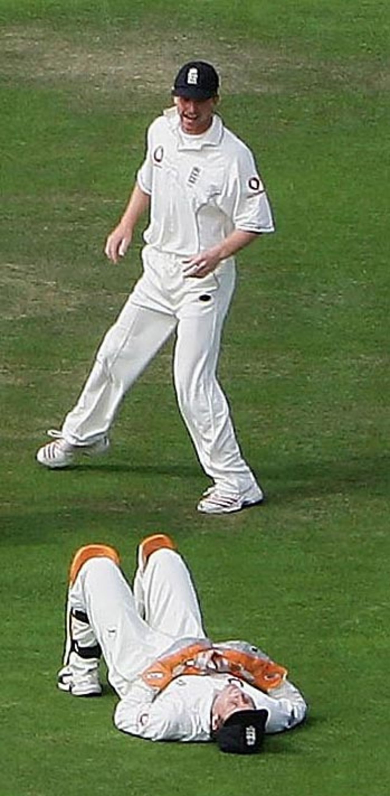 Geraint Jones lies on the floor a relieved man after diving in front of Marcus Trescothick at first slip who took a fine catch, England v Pakistan, 2nd Test, Old Trafford, July 27, 2006