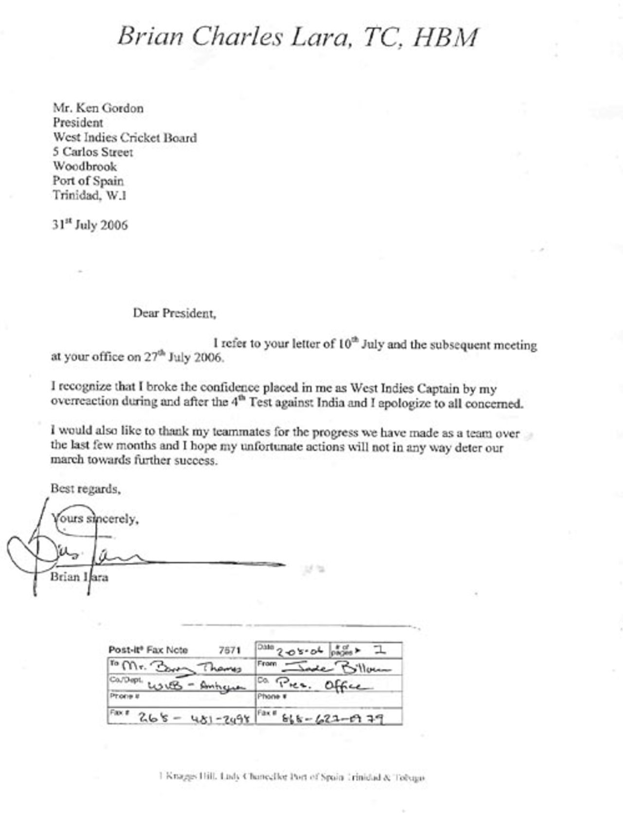 Faxed letter of apology from Brian Lara to WICB president Ken Gordon, August 2, 2006
