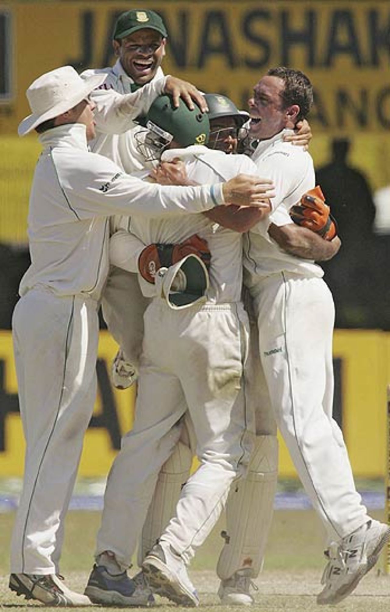 South Africa's fielders celebrate the wicket of Sanath Jayasuriya, Sri Lanka v South Africa, 2nd Test, Colombo, 4th day, August 7, 2006