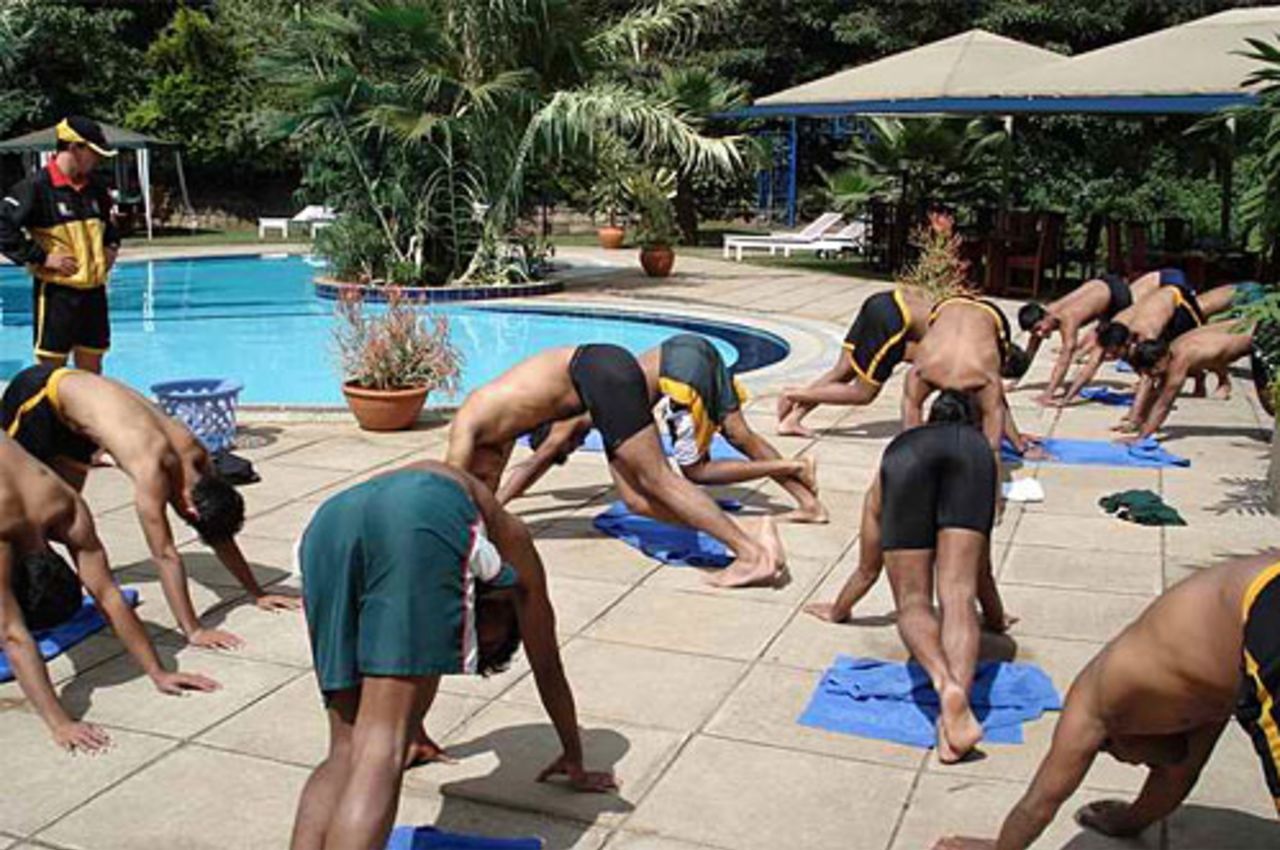 Stretching it - Bangladesh warm up at their hotel in Nairobi, Bangladesh in Kenya