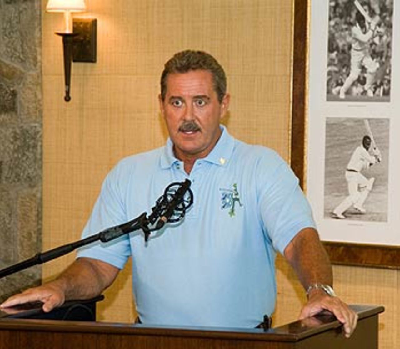 Allen Stanford addresses the media at the unveiling of the Stanford
20/20 Super Star squad, Antigua, August 14, 2006