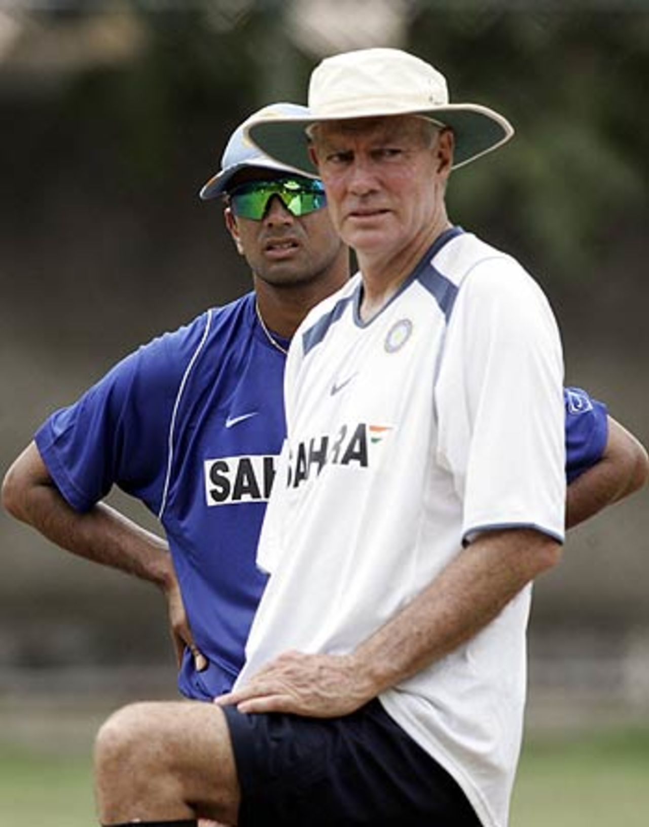 Greg Chappell and Rahul Dravid watch over the training session, Colombo, August 17, 2006