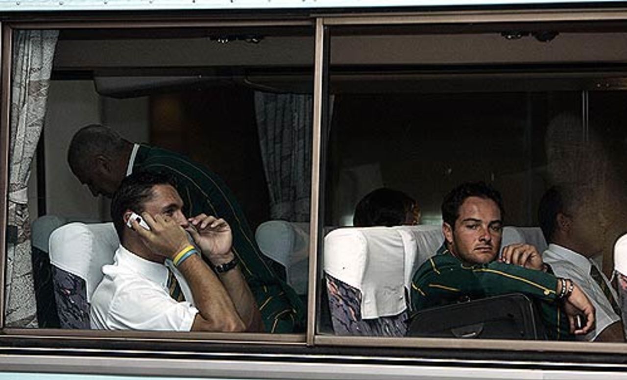 Andre Nel and Mark Boucher aboard the bus on the way to the airport, Colombo, August 17, 2006