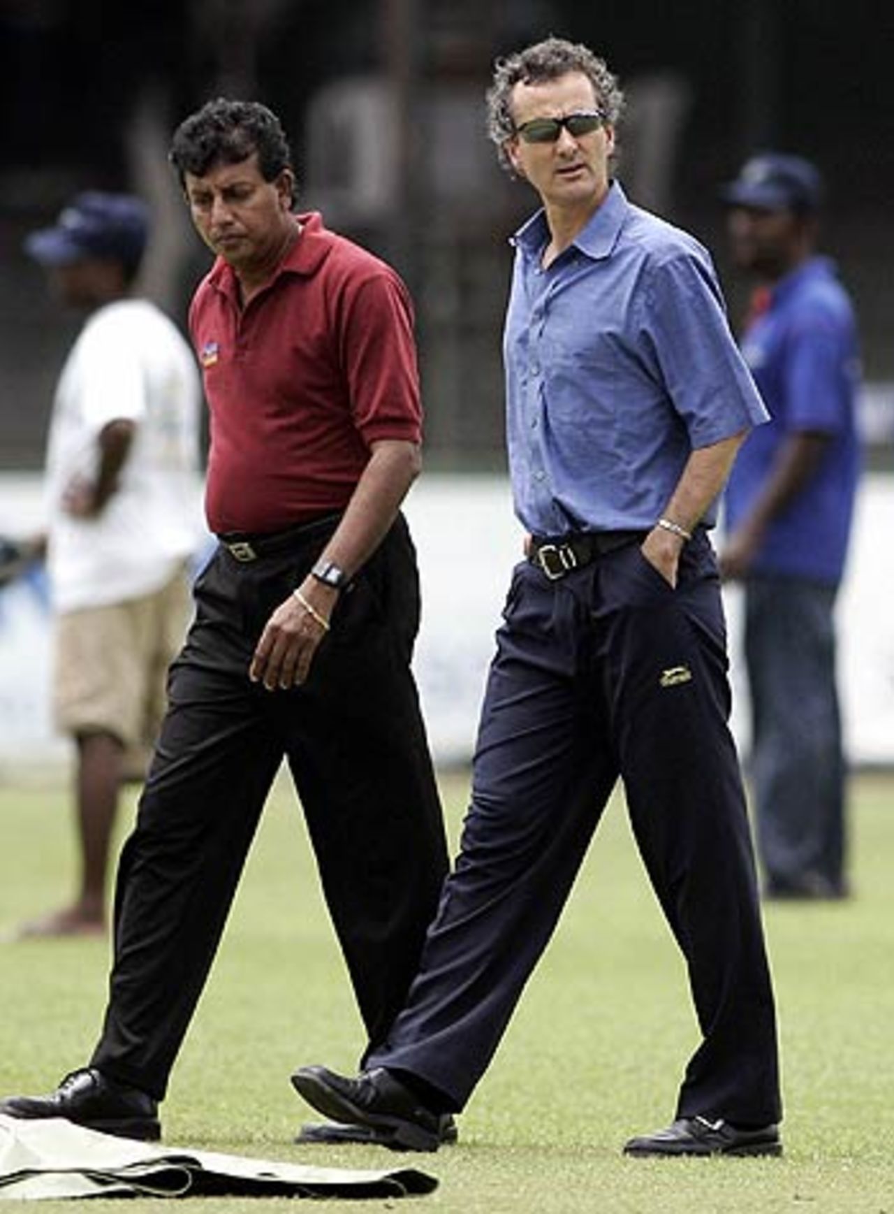 The umpires Billy Bowden and Asoka de Silva inspect the conditions at the SSC, Sri Lanka v India, 1st ODI, Colombo, August 18, 2006