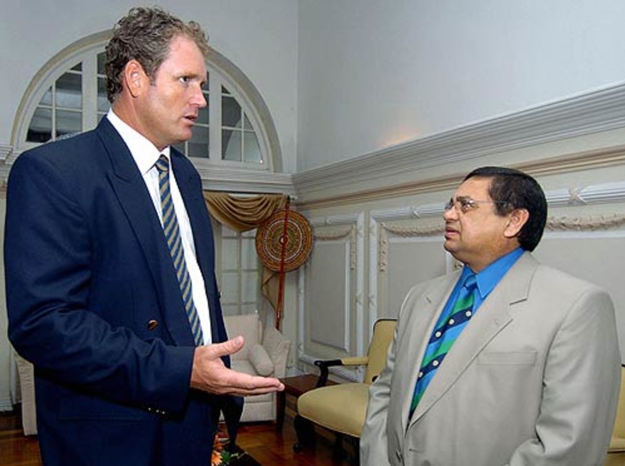Tom Moody talks to Percy Sonn, the ICC president, during a function at the president's house, Colombo, August 21, 2006