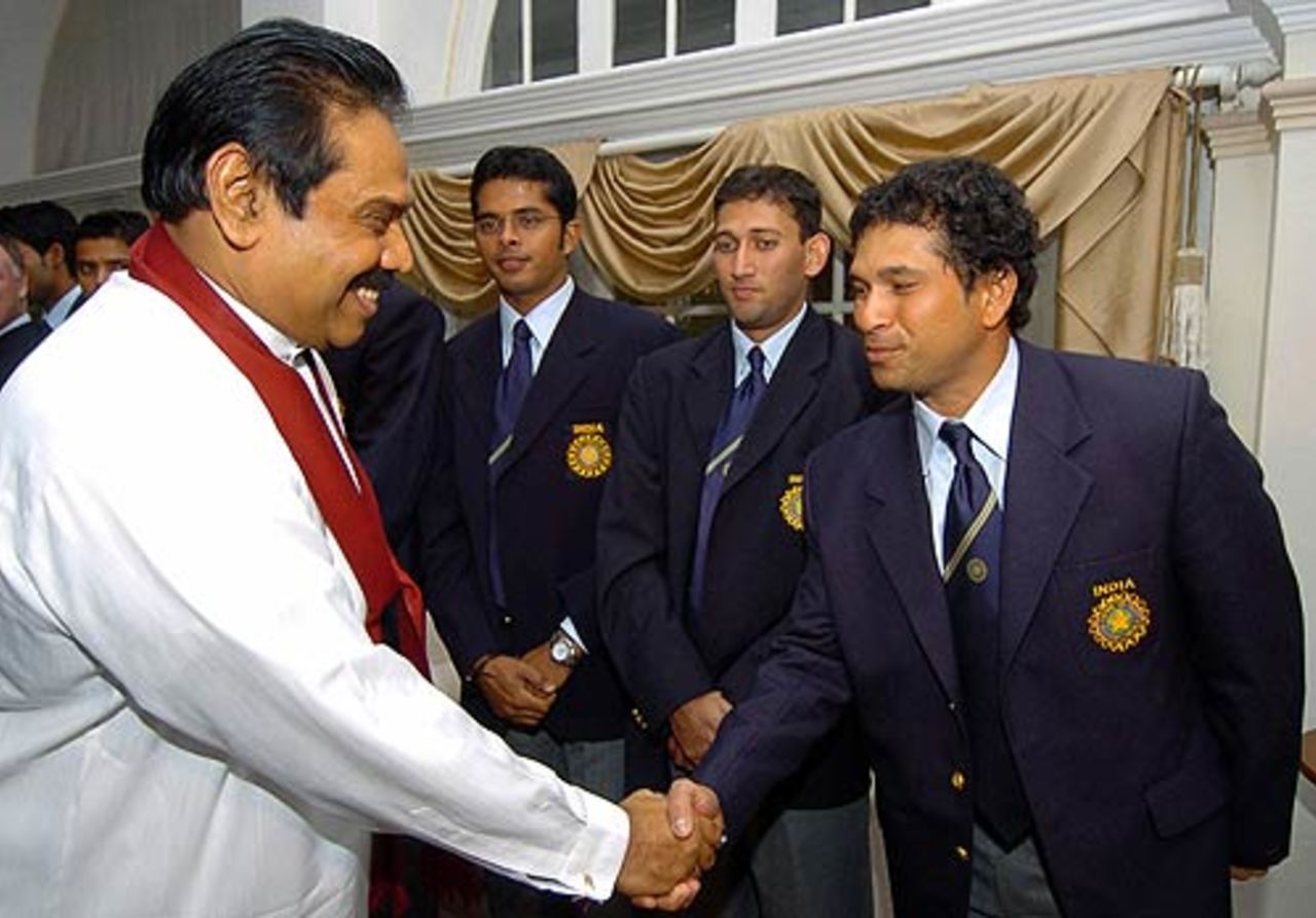 Mahinda Rajapakse, the Sri Lankan president, shakes hands with Sachin Tendulkar, Colombo, August 21, 2006