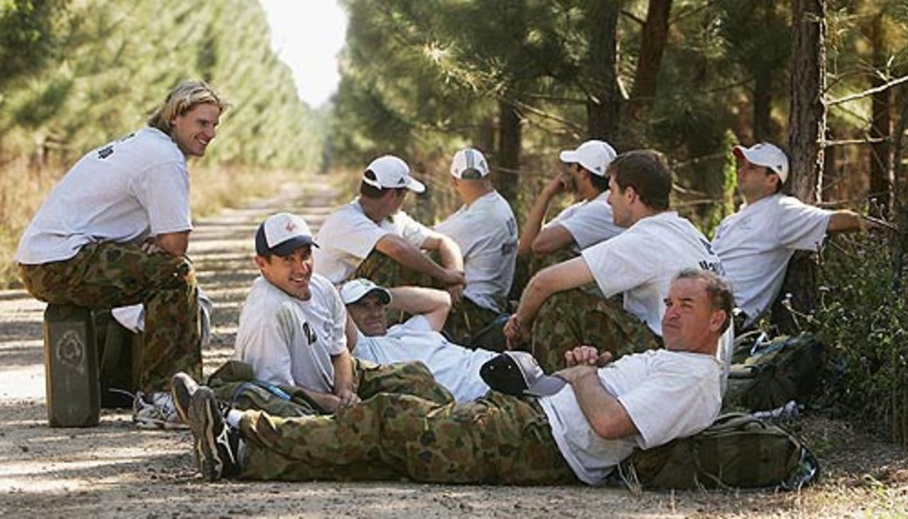 The Australians take a breather during an outback boot camp in the Beerwah State Forest, Brisbane, August 23, 2006
