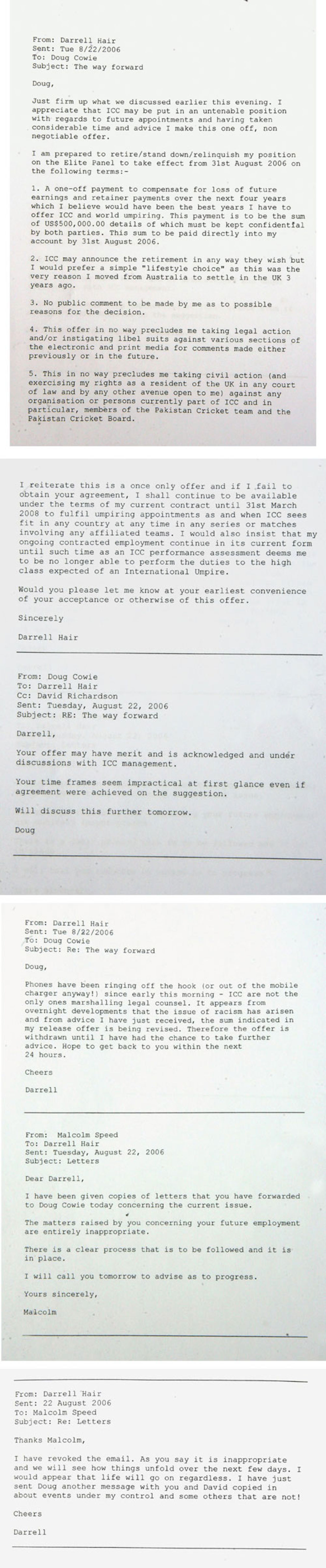 The email exchanges between Darrell Hair, Doug Cowie and Macolm Speed, August, 2006