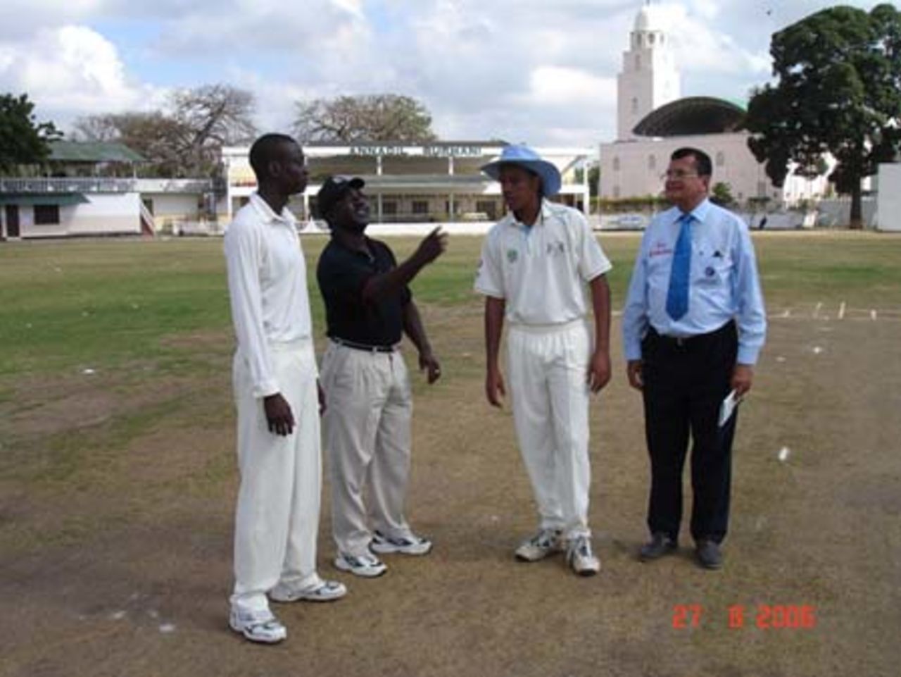 Tom Tikolo tossing with Tanzania captain, Hamisi Abdallah and Botswana captain, Tshepo Mhoyzo and match referee, Subhash Modi looking on, ICC World Cricket League Africa Region Division Two