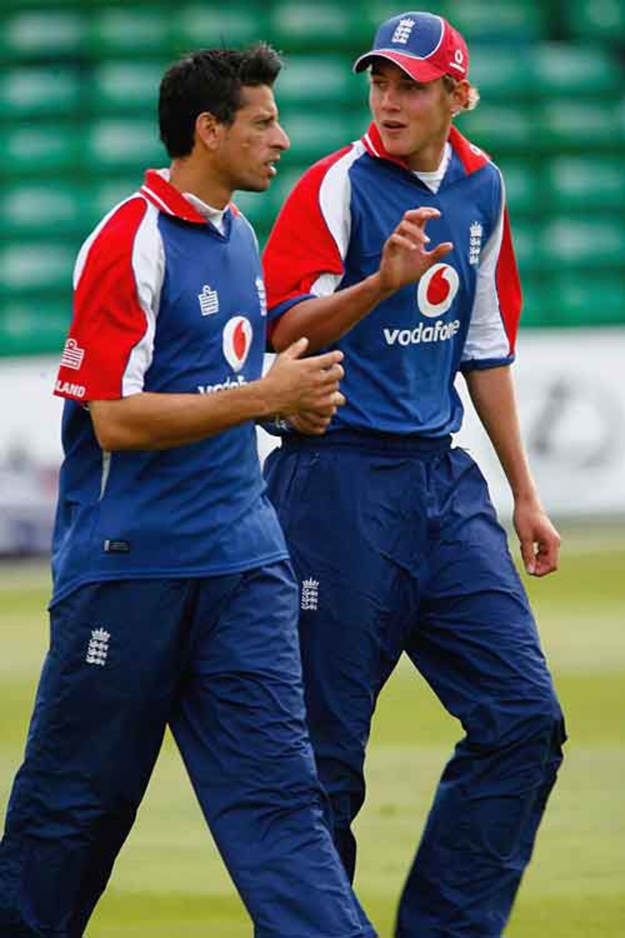 Stuart Broad and Sajid Mahmood chat during training ahead of the first one-day international against Pakistan, Cardiff, August 29, 2006