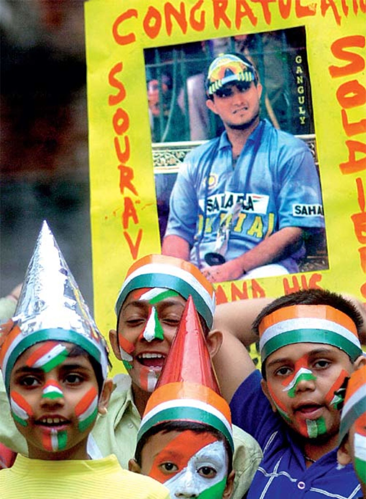 A group of Indian children show their support to Sourav Ganguly