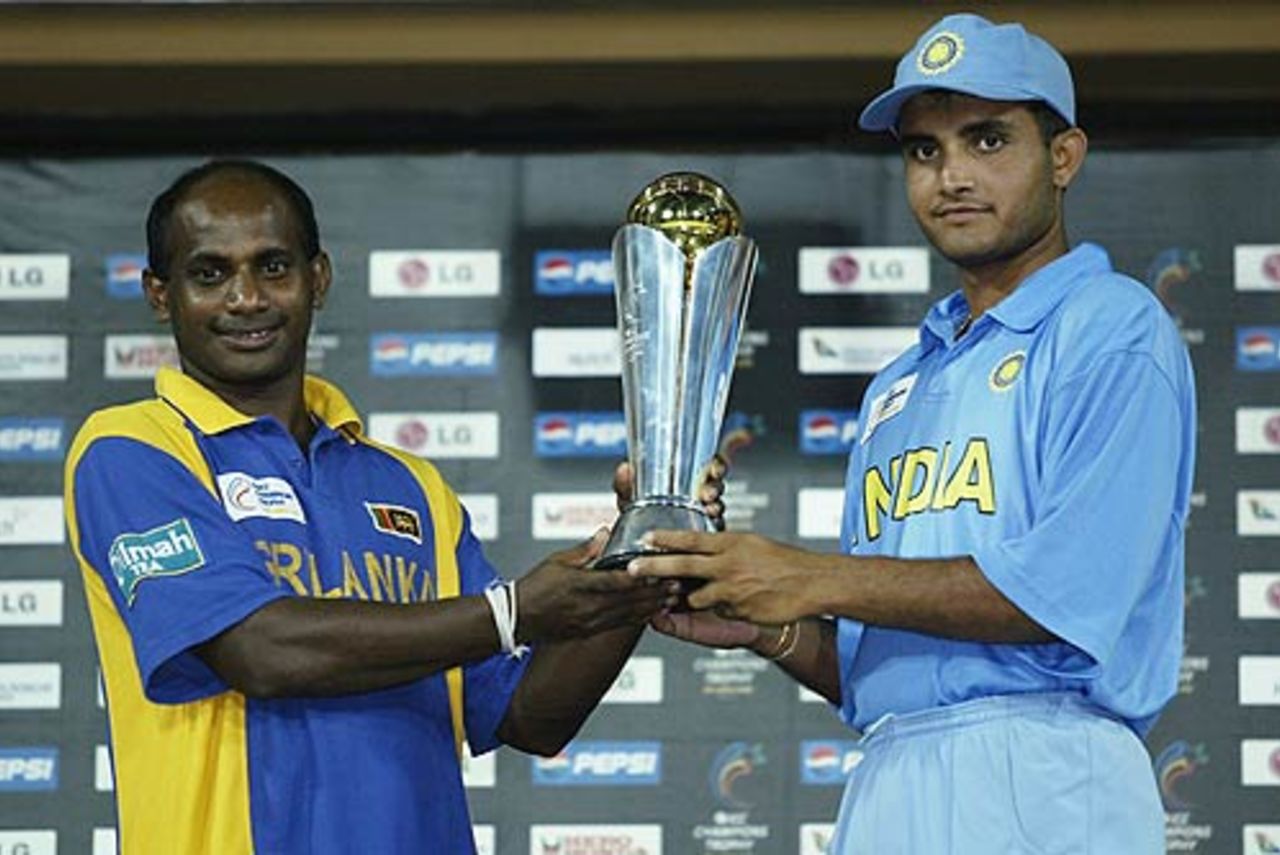 Sanath Jayasuriya and Sourav Ganguly share the ICC Champions Trophy, Final: ICC Champions Trophy, Colombo, September 30, 2002