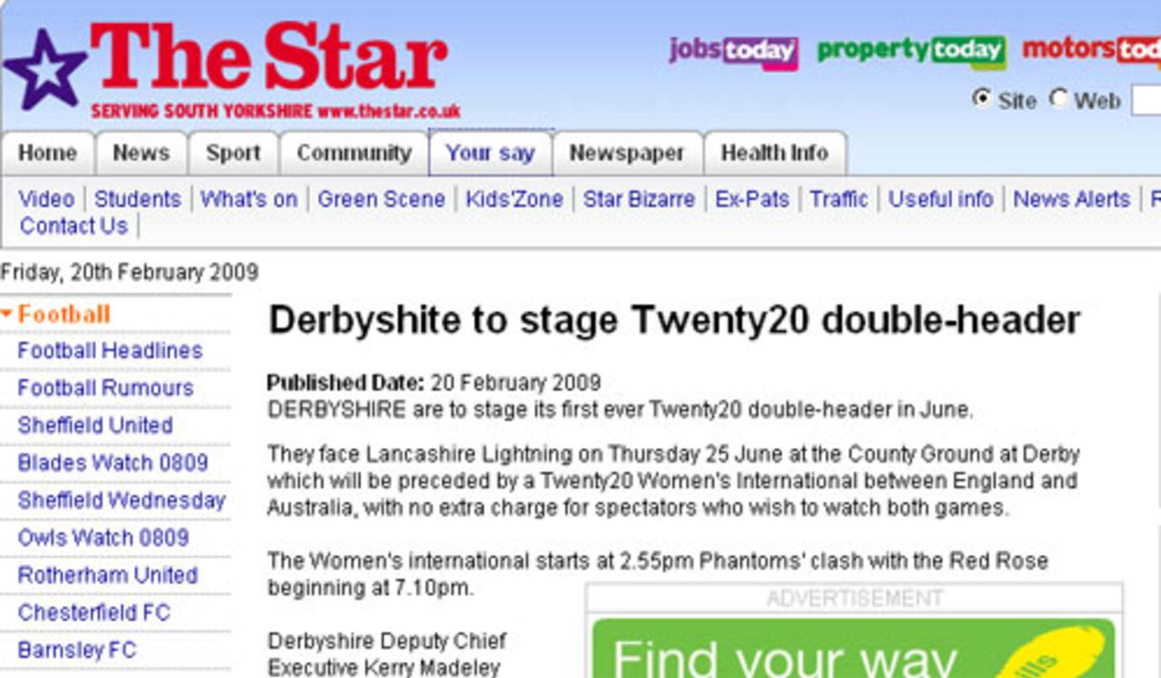 Headline in the <I>Sheffield Star</I>, February 18, 2009