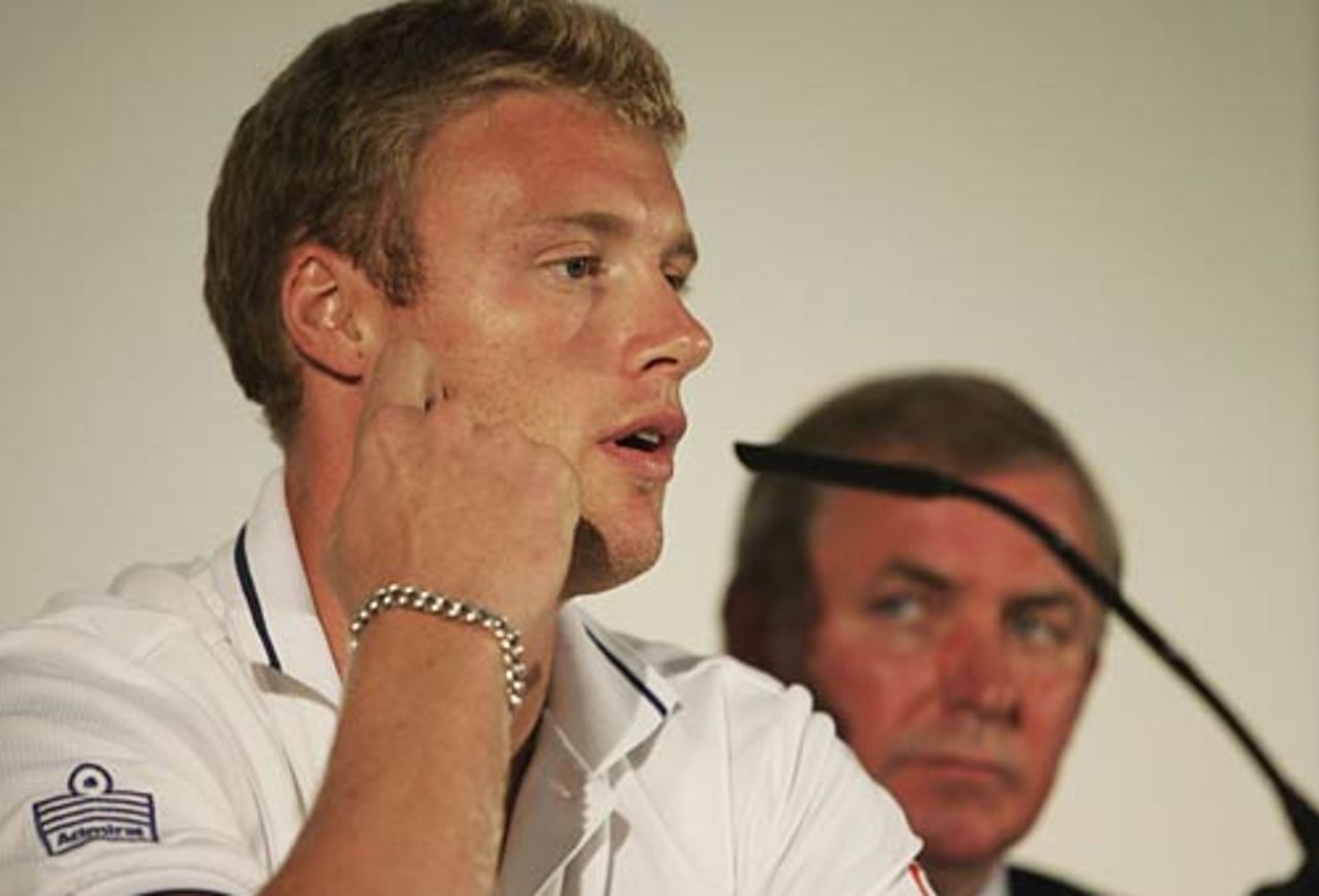 England Ashes captain Andrew Flintoff talks to the press as Chairman of selectors David Graveney looks on during the announcement of the squad for the forthcoming Ashes and ICC Champions Trophy at the Oval on September 12, 2006.