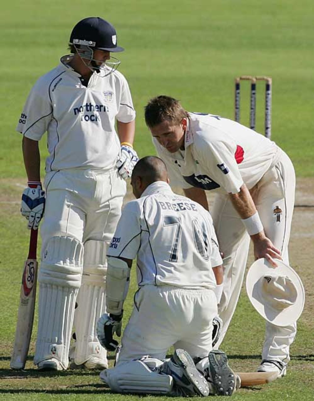 Dominic Cork checks out Gareth Breese after he's hit by a bouncer, Lancashire v Durham, County Championship, Old Trafford, September 15, 2006