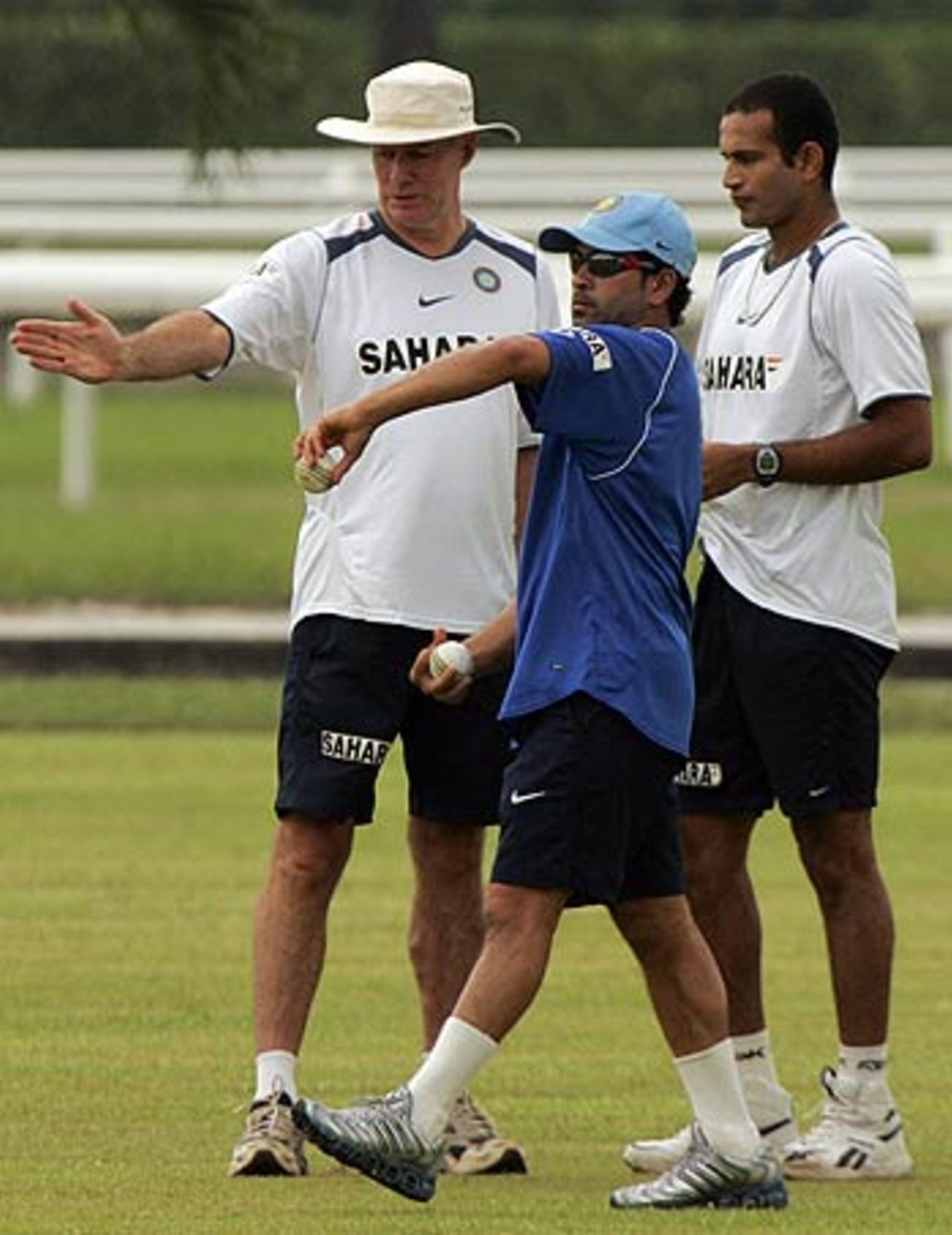 Greg Chappell, Sachin Tendulkar and Irfan Pathan during a training session, Kinrara Academy Oval, Kuala Lumpur, September 15, 2006