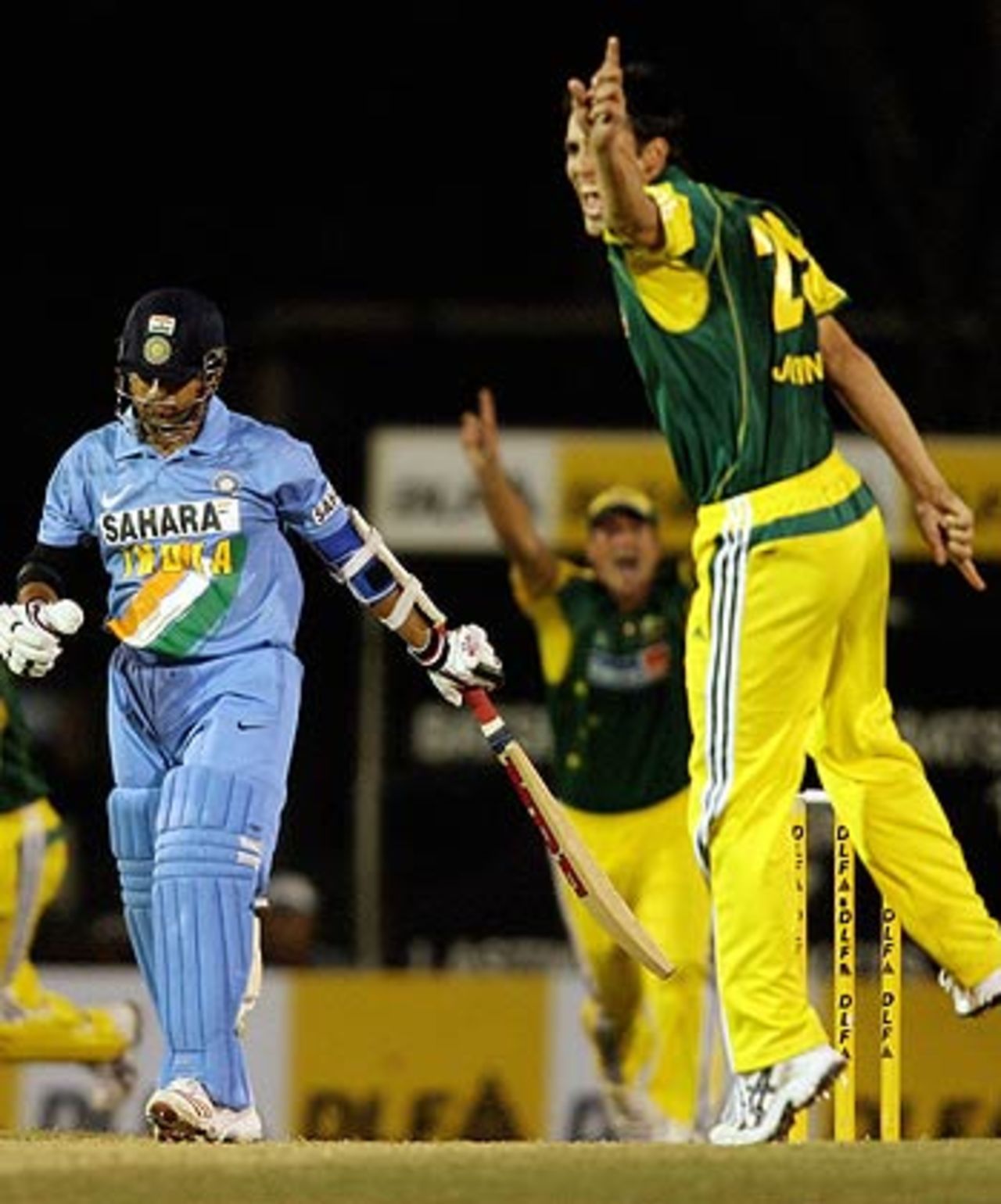 Mitchell Johnson successfully appeals for a caught behind dismissal against Sachin Tendulkar, India v Australia, 3rd match, DLF Cup, Kuala Lumpur, September 16, 2006