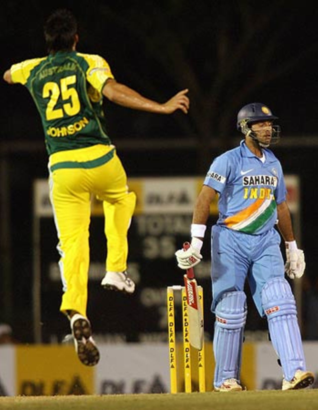 Mitchell Johnson gets some lift after nailing Yuvraj Singh for zero, India v Australia, 3rd match, DLF Cup, Kuala Lumpur, September 16, 2006