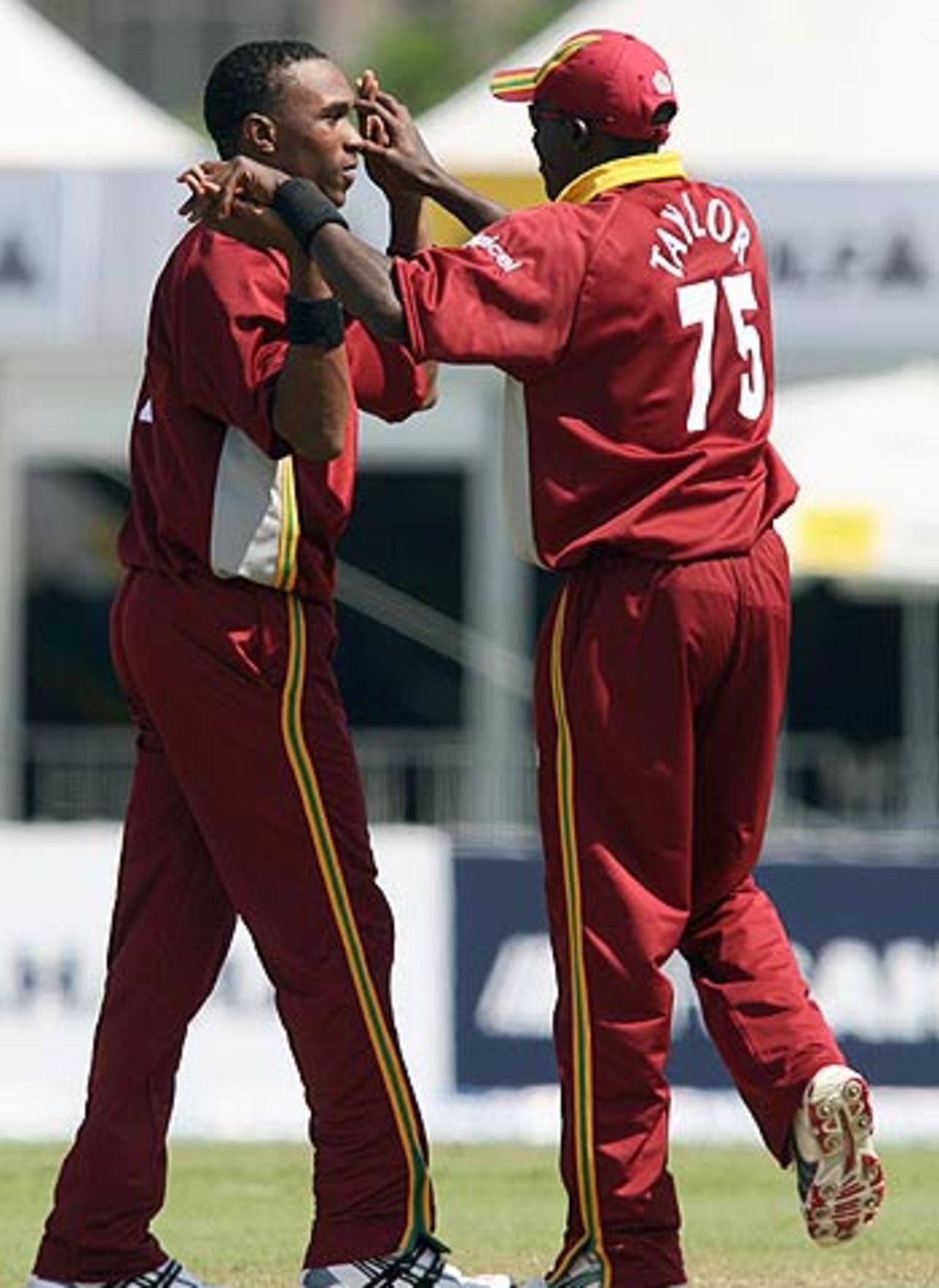 Dwayne Bravo and Jerome Taylor celebrate the wicket of Matthew Hayden, Australia v West Indies, DLF Cup, 4th match, September 18, 2006