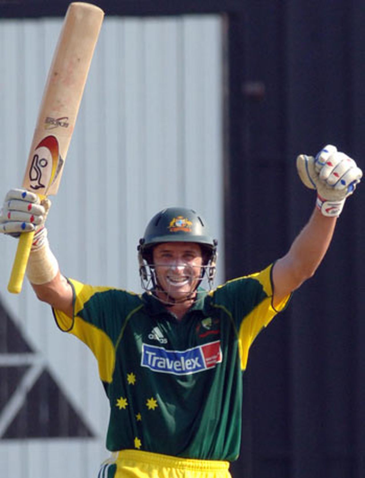 Michael Hussey celebrates a magnificent hundred, Australia v West Indies, DLF Cup, 4th match, September 18, 2006