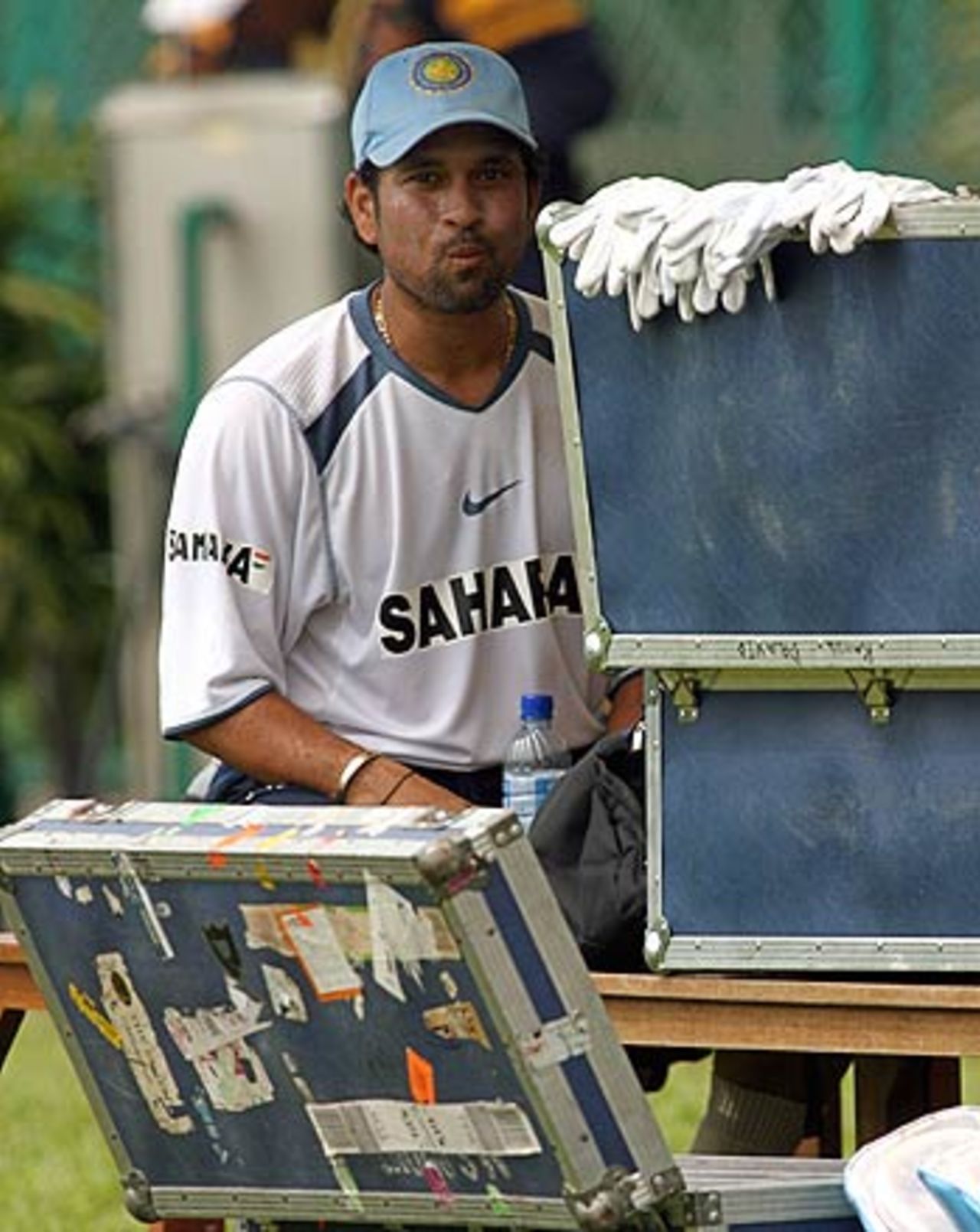 Sachin Tendulkar takes a breather during the practice session at the Kinrara Academy Oval, Kuala Lumpur, September 19, 2006