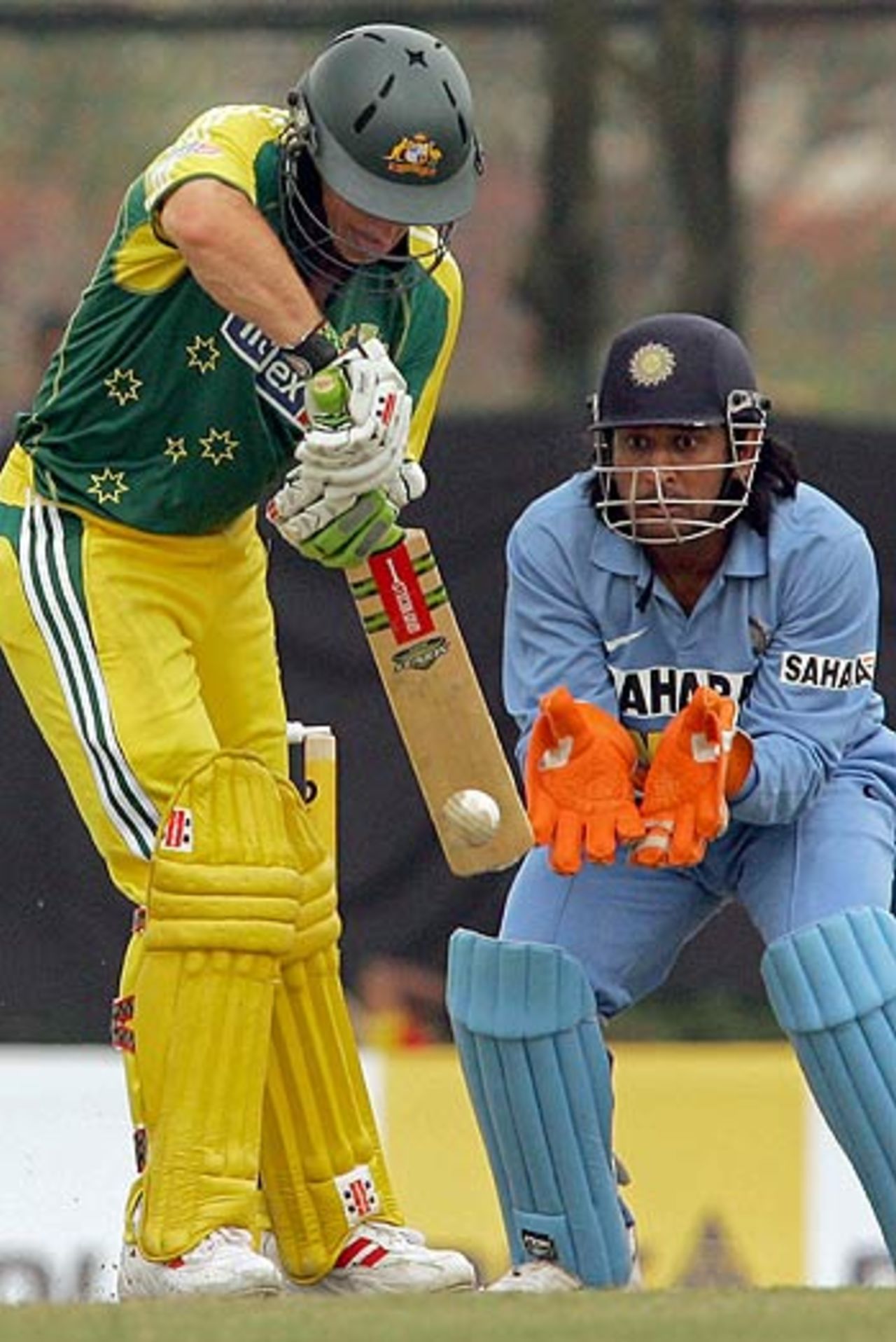 Brad Hogg defends during a crucial innings of 38, India v Australia, DLF Cup, 6th match, Kinrara Academy Oval, September 22, 2006