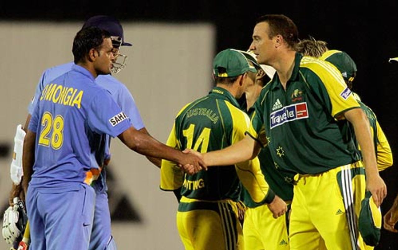 Dinesh Mongia and Stuart Clark shake hands after the tense clash, India v Australia, DLF Cup, 6th match, Kinrara Academy Oval, September 22, 2006
