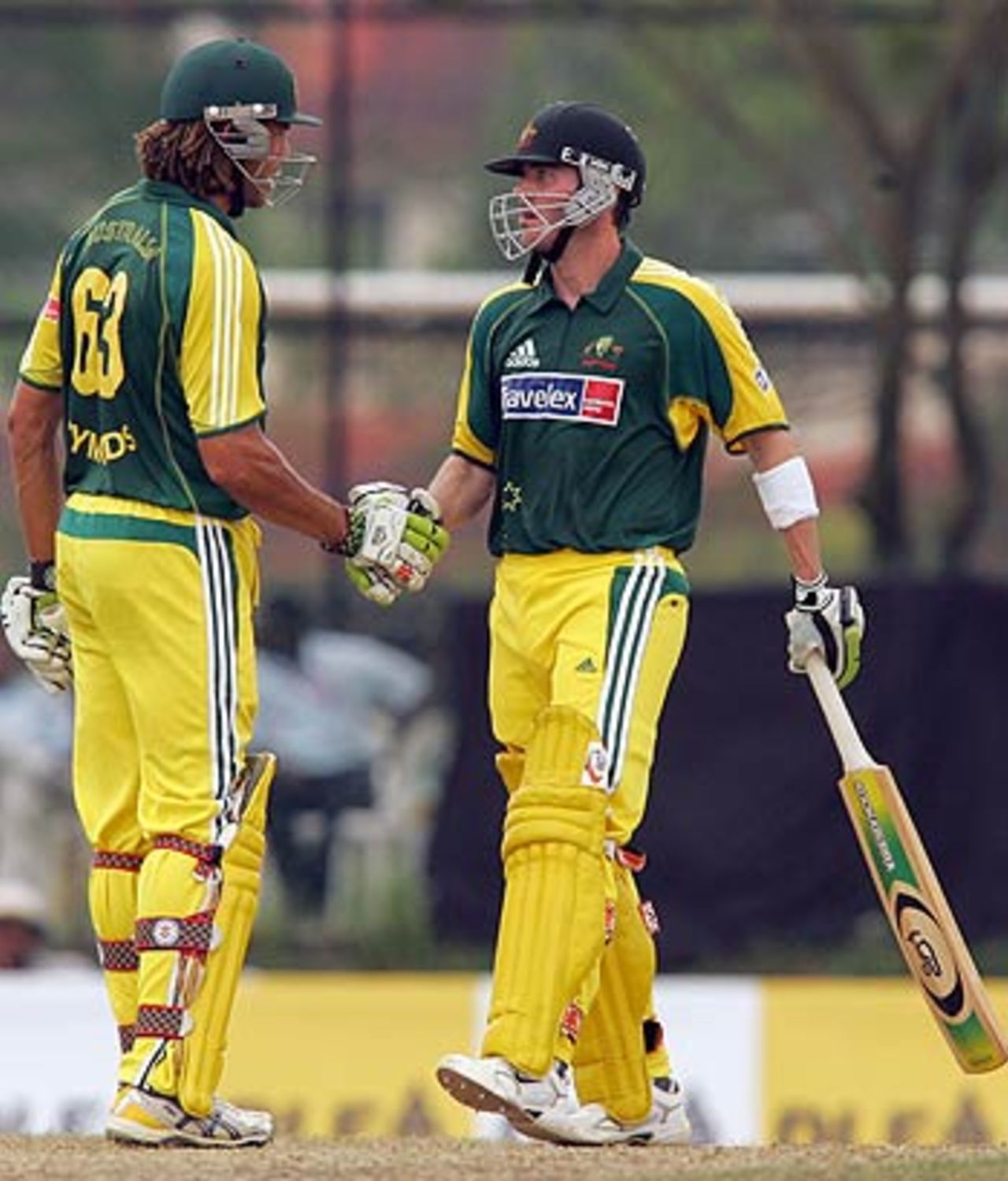 Andrew Symonds and Damien Martyn during the course of their 73-run stand, Australia v West Indies, DLF Cup final, September 24, 2006
