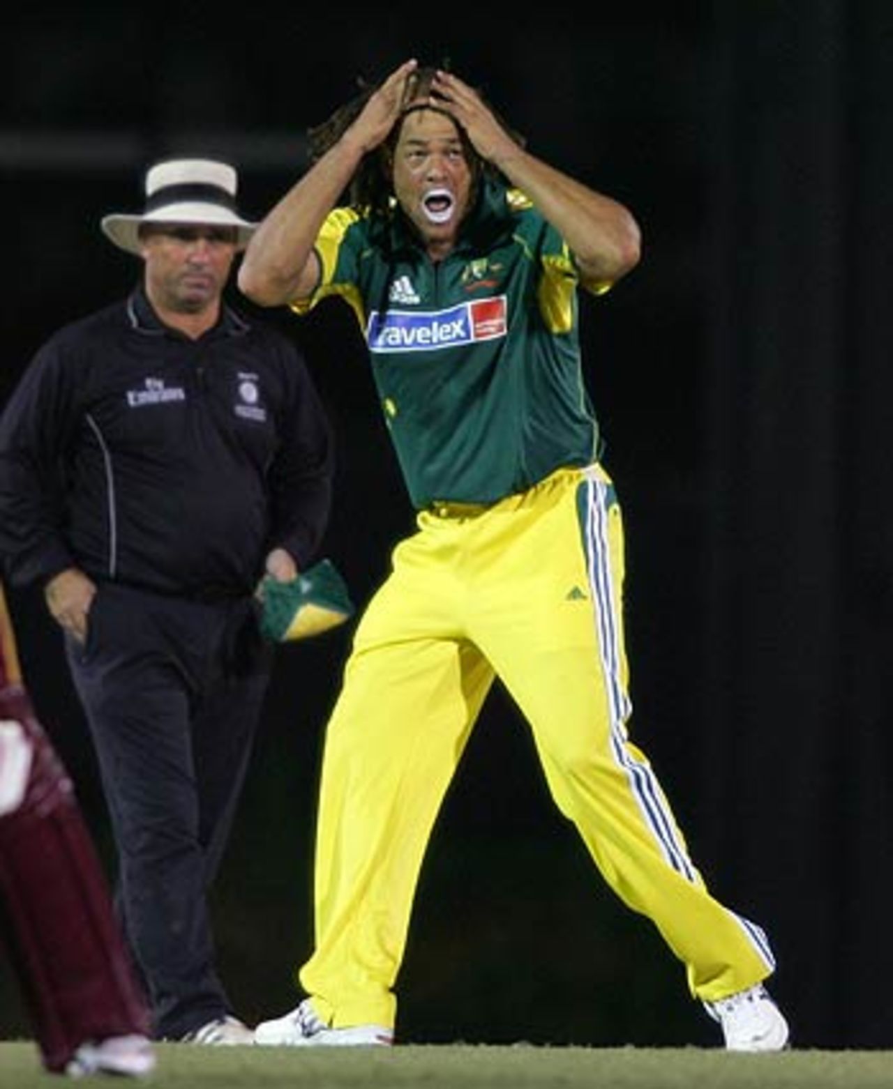 Andrew Symonds reacts after a run out chance goes abegging, Australia v West Indies, DLF Cup final, September 24, 2006