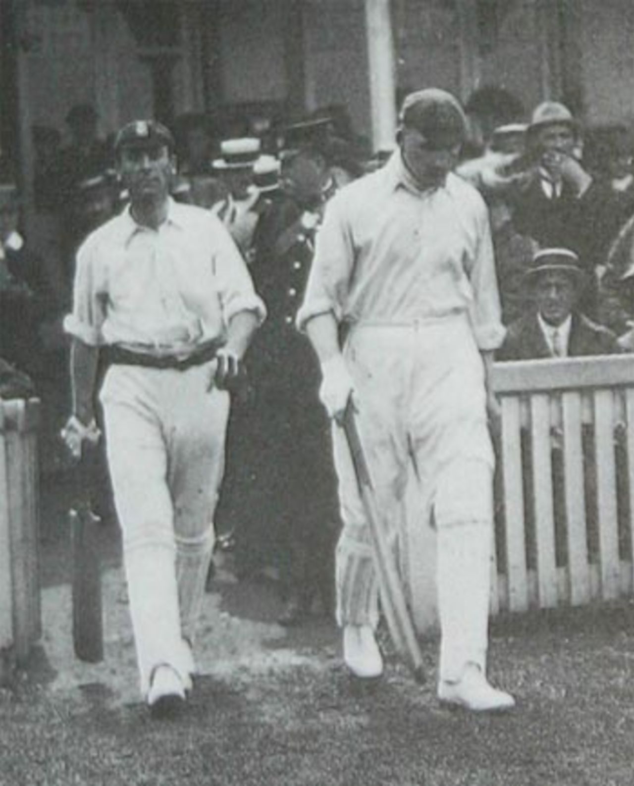 Jack Hobbs and Archie MacLaren go out to open the innings, England v Australia, Edgbaston, 1909