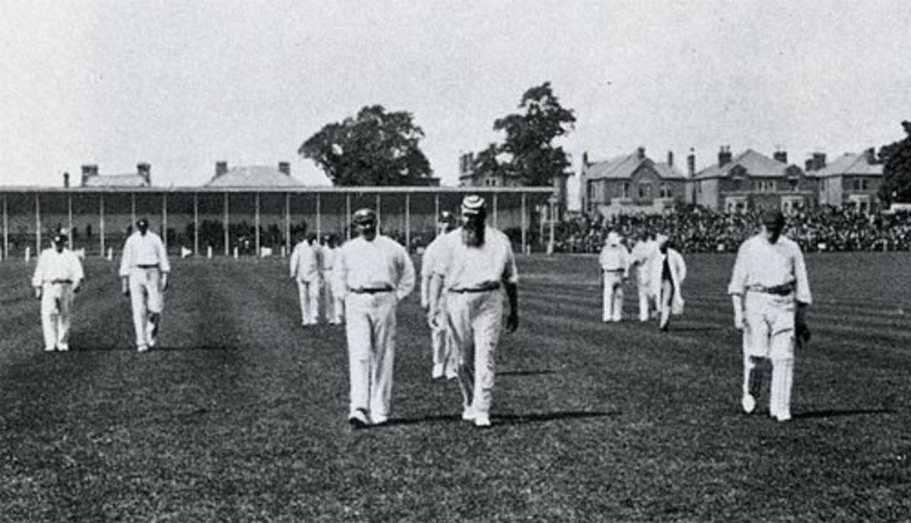 WG Grace leads England off during his final Test, accompanied by Ranji, England v Australia, 1st Test, Nottingham, 1899