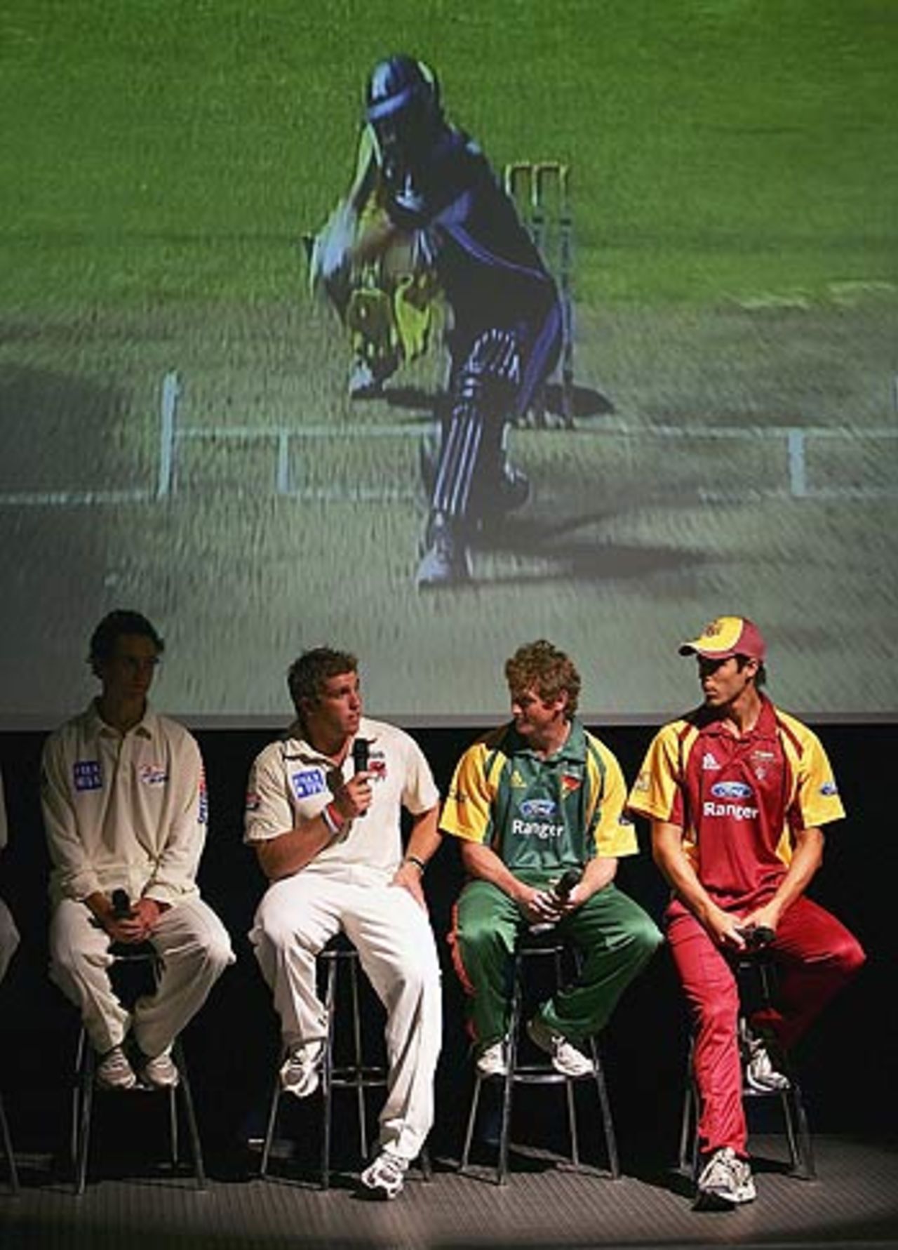 Mark Cosgrove (second from left), George Bailey and Mitchell Johnson face the press at Cricket Australia's launch of the domestic season at Sydney, October 4, 2006