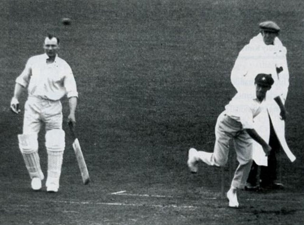 Clarrie Grimmett bowling against Surrey at The Oval in 1926. Note the one-gloved non-striker, Harry Peach.