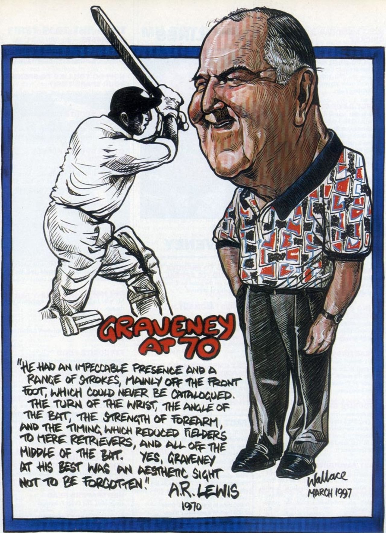 A cartoon tribute to Tom Graveney on his 70th birthday, 1997