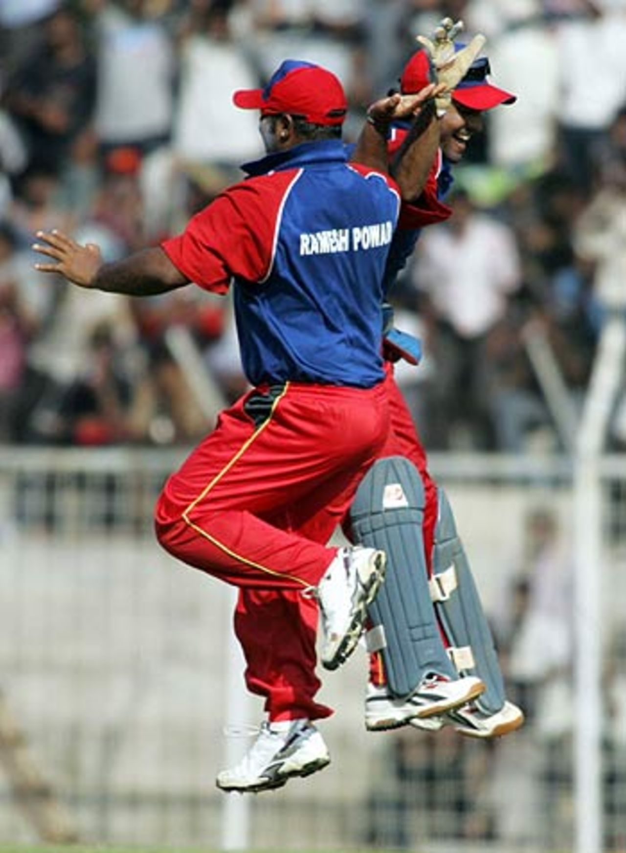 Ramesh Powar and Dinesh Karthik prematurely celebrate an unsuccessful run-out appeal, India Blue v India Red, Final, Challenger Series, Chennai, October 4, 2006