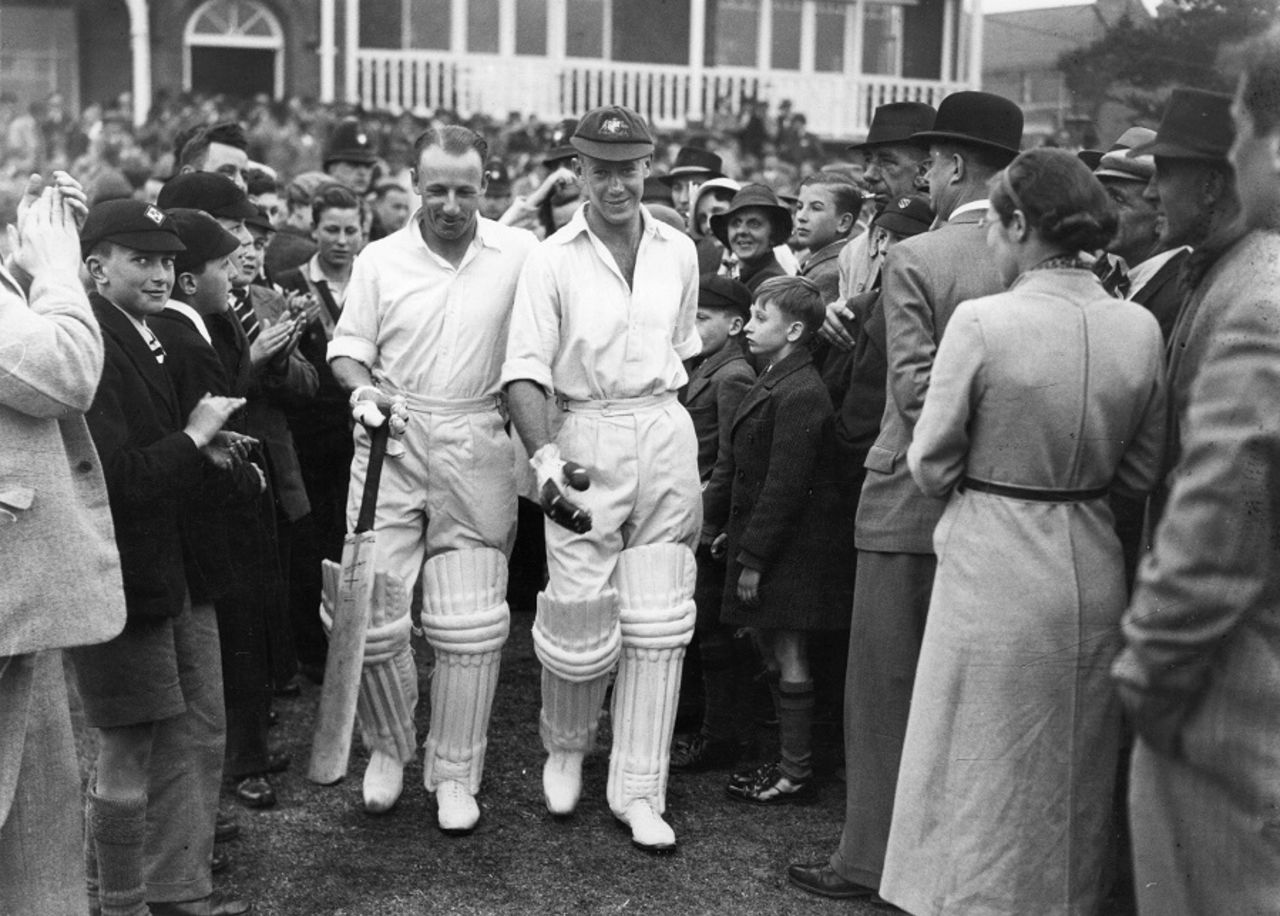 Don Bradman and Bill Brown go out to bat, England v Australia, 1st Test, Nottingham, June 11, 1948