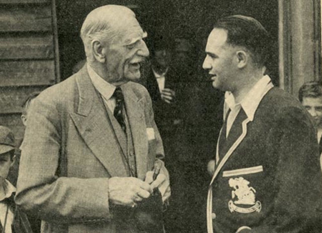 Sir Aubrey Smith chats with James Langridge at Hove in 1947