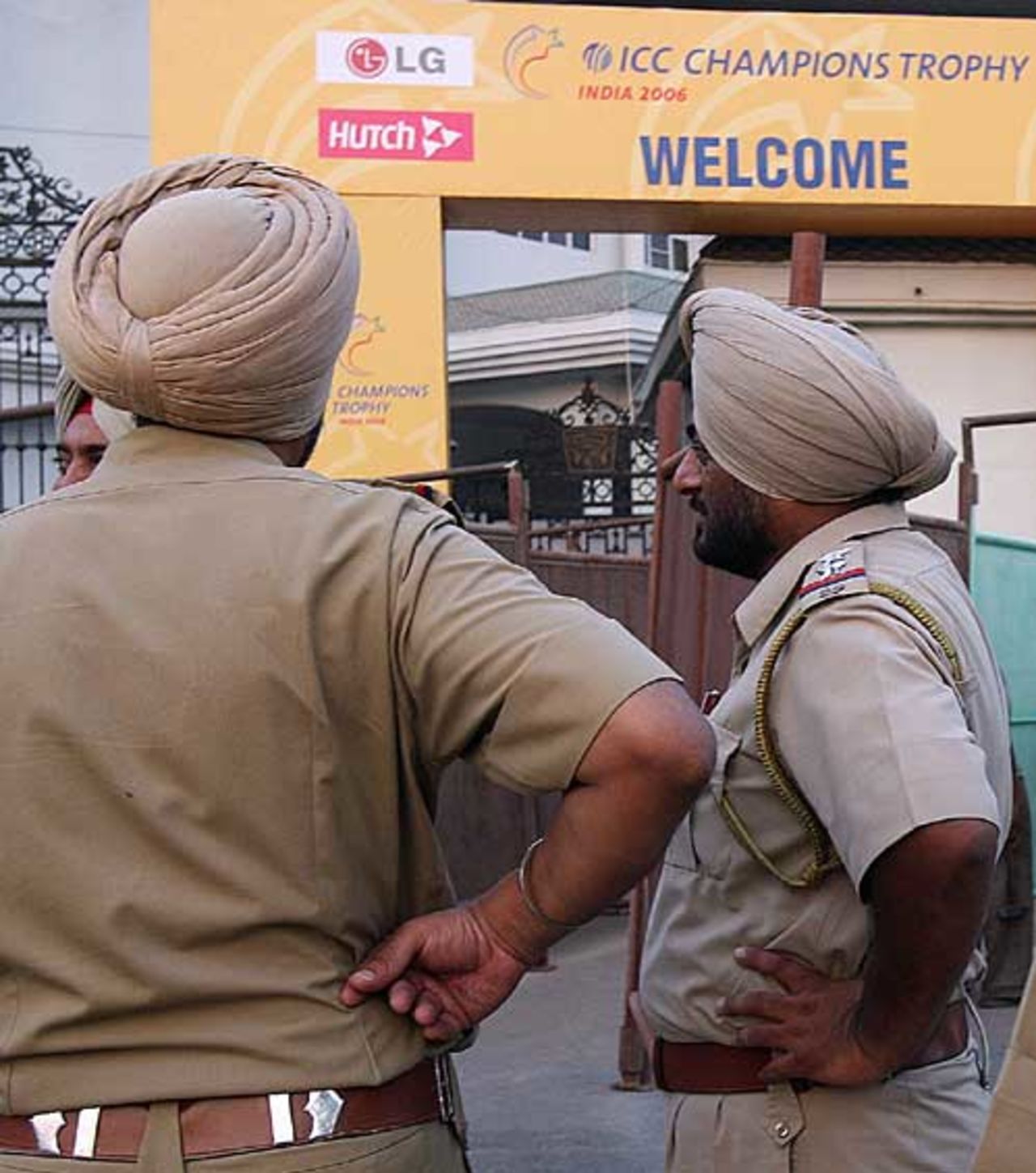 Indian police patrol outside the Punjab Cricket Association ground which will be hosting Champions Trophy matches, Mohali, October 6, 2006
