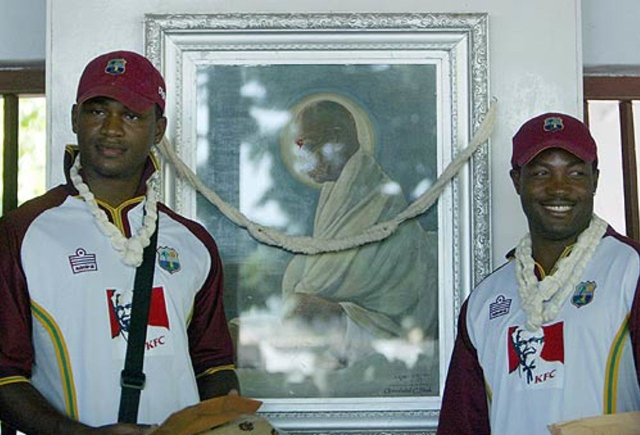 Marlon Samuels and Brian Lara at the Sabarmati Ashram, Ahmedabad, October 6, 2006