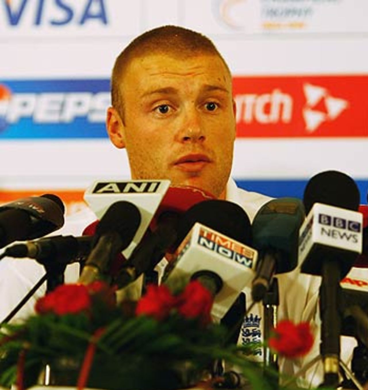 Andrew Flintoff speaks to the media shortly after arrival, New Delhi, October 7, 2006