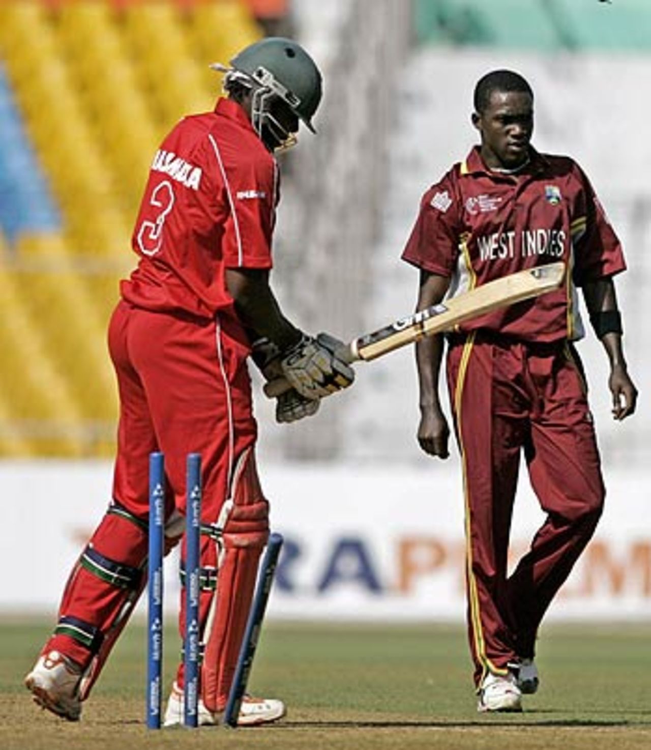 Hamilton Masakadza has his off stump pegged back by Jerome Taylor, West Indies v Zimbabwe, 2nd qualifying match, Champions Trophy, Ahmedabad, October 8, 2006 