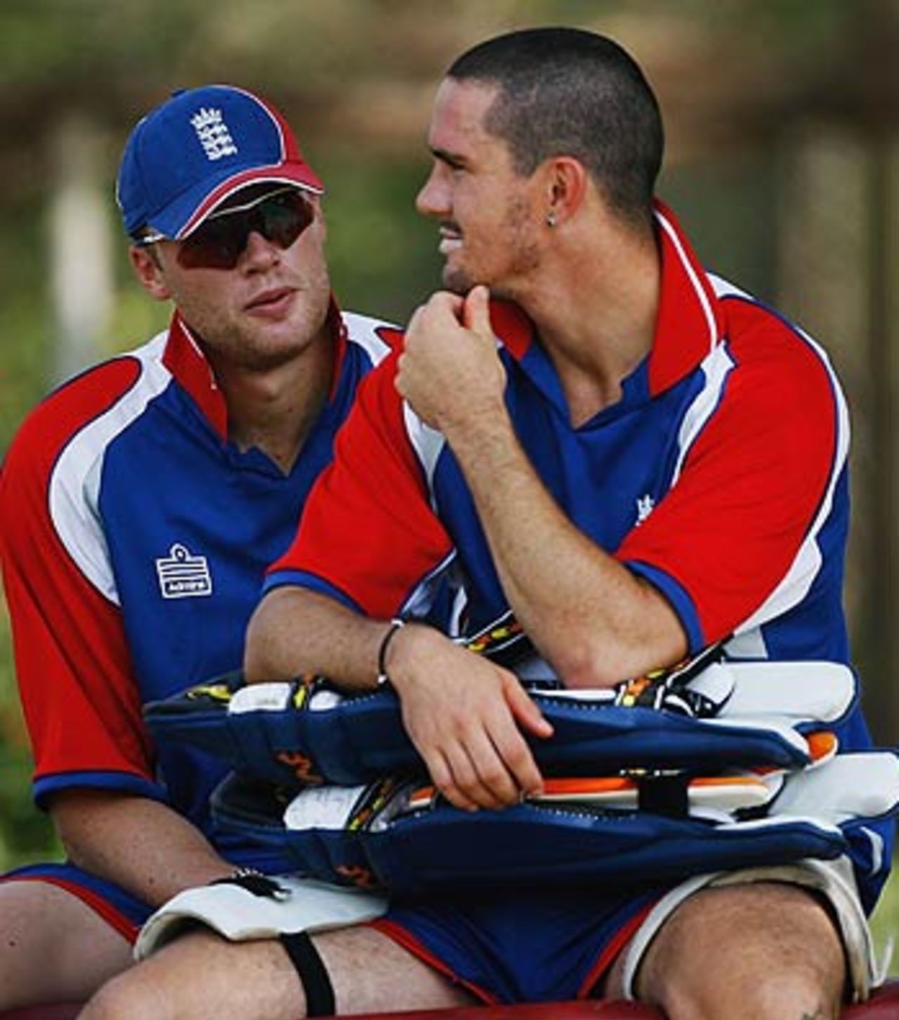 Andrew Flintoff and Kevin Pietersen take a break during training, New Delhi, October 9, 2006