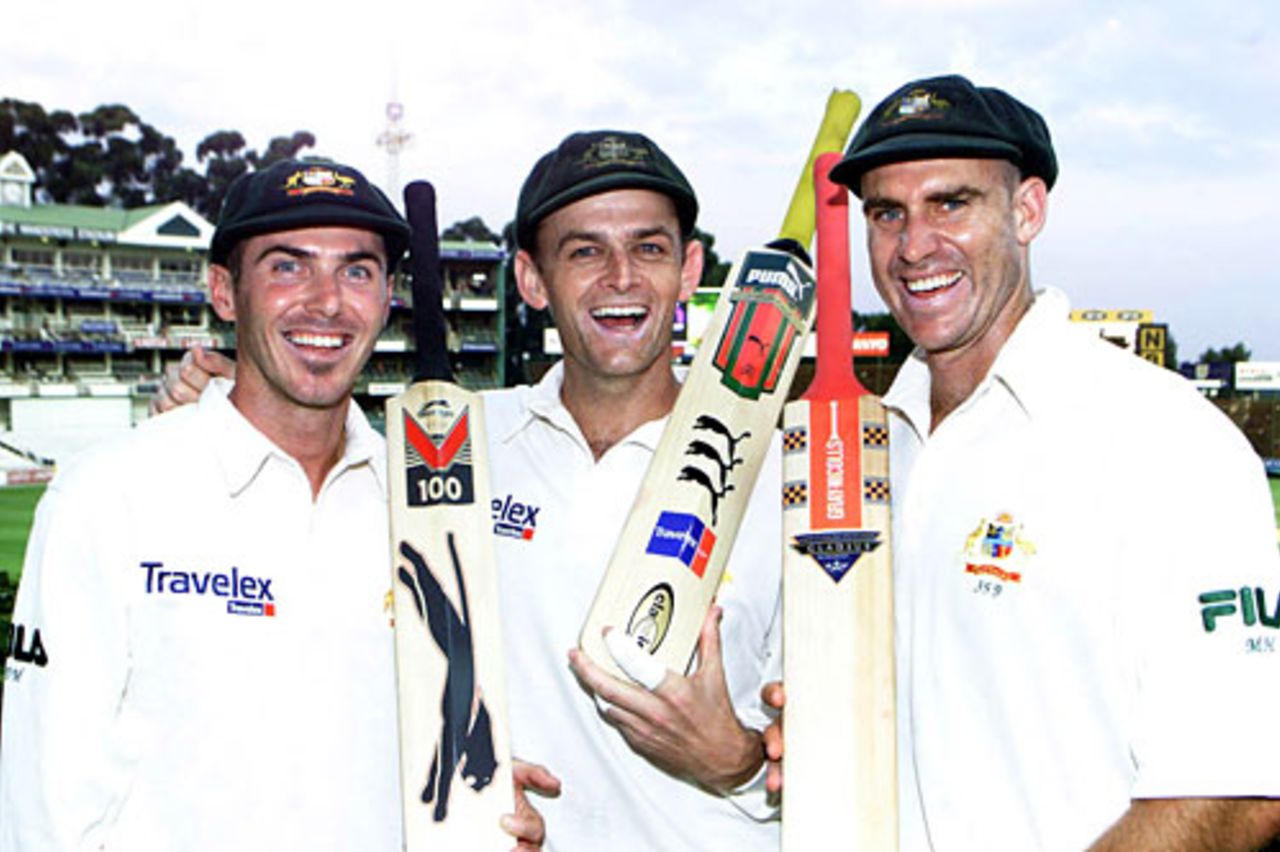 The three centurions, Damien Martyn (133), Adam Gilchrist (204 n.o.), and Matthew Hayden (122), South Africa v Australia, 1st Test, Johannesburg, 2nd day, February 23, 2002