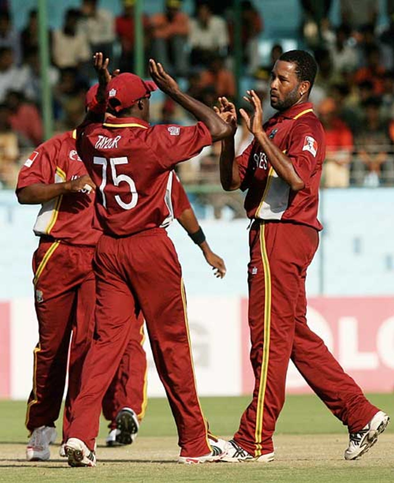 Corey Collymore celebrates one of his two wickets; he removed Saqibul Hasan and Habibul Bashar in two balls, West Indies v Bangladesh, Champions Trophy, Jaipur, October 11, 2006