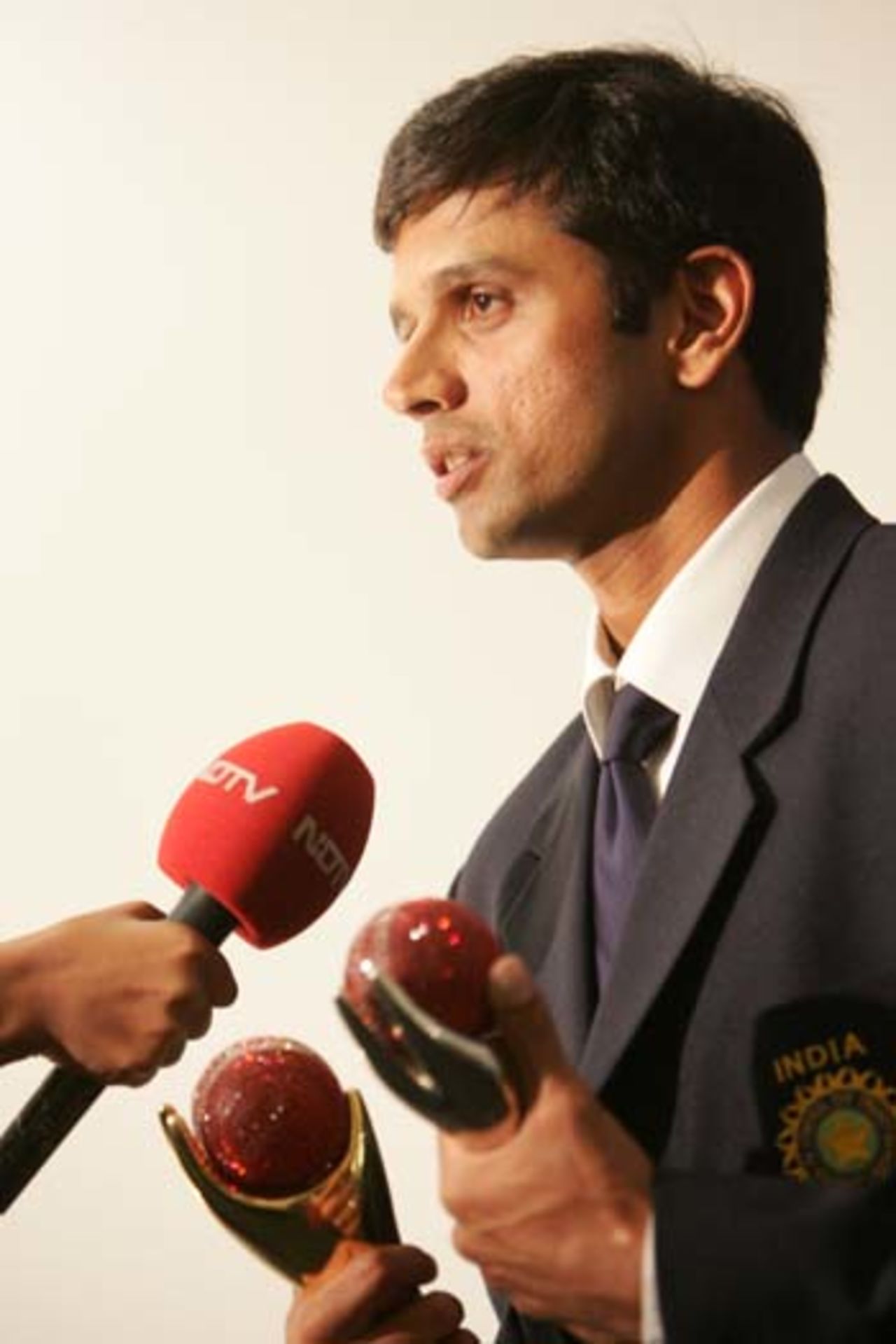 Double award winner, Rahul Dravid, speaks to the media after collecting his awards. Dravid was named Cricketer of the Year and Test Player of the Year