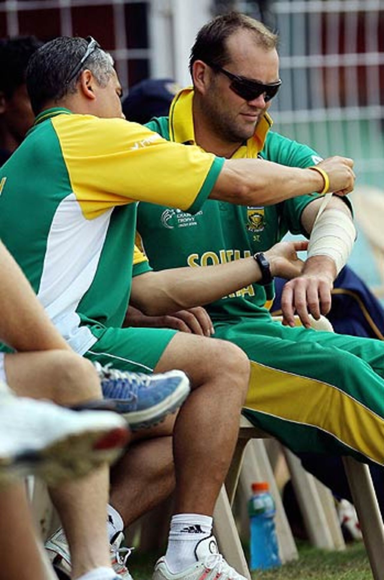 Jacques Kallis gets his elbow strapped, South Africans v MCA Presidents XI, Mumbai, October 13, 2006
