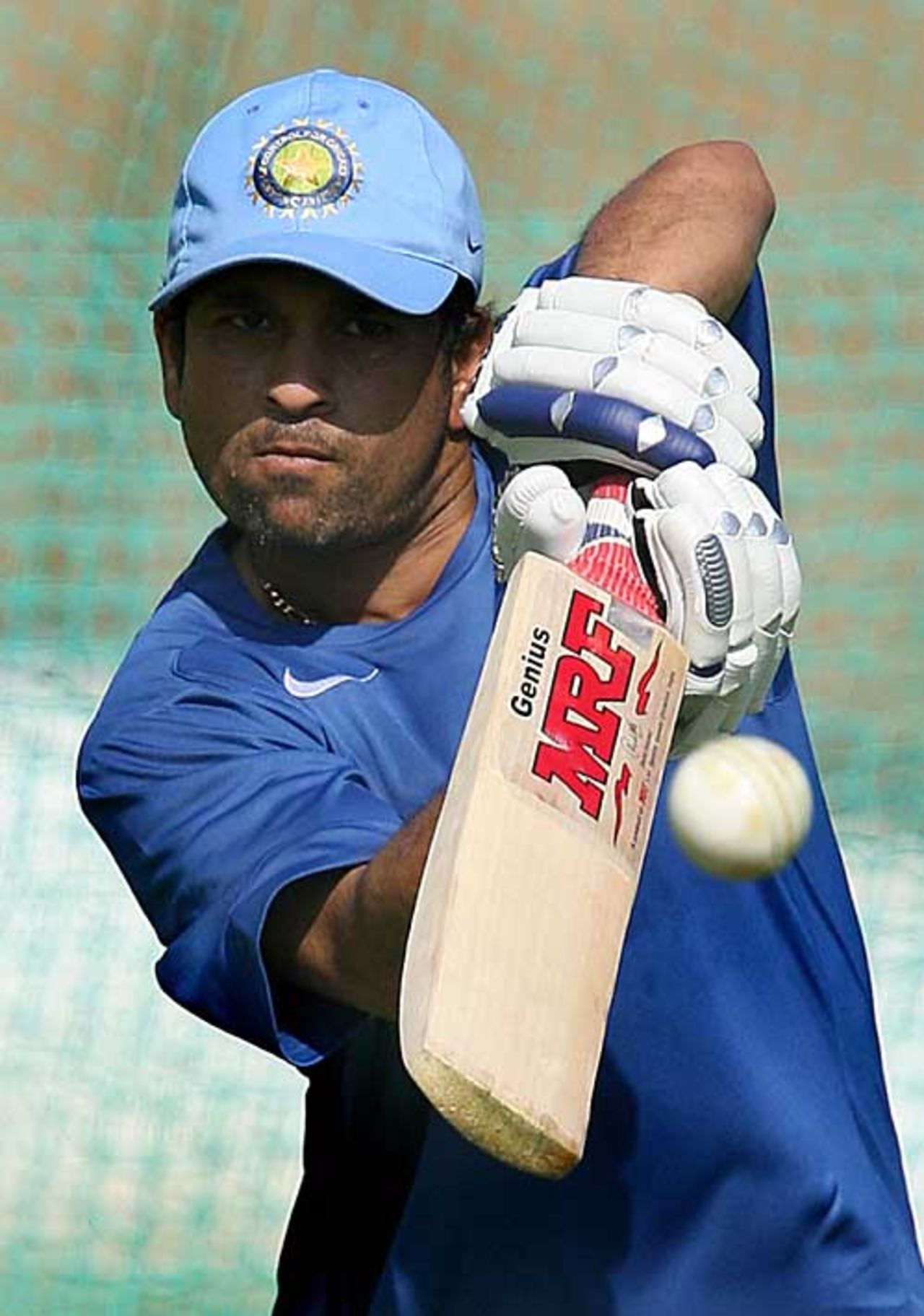 Sachin Tendulkar has a gentle hit in the nets, Jaipur, October 14, 2006