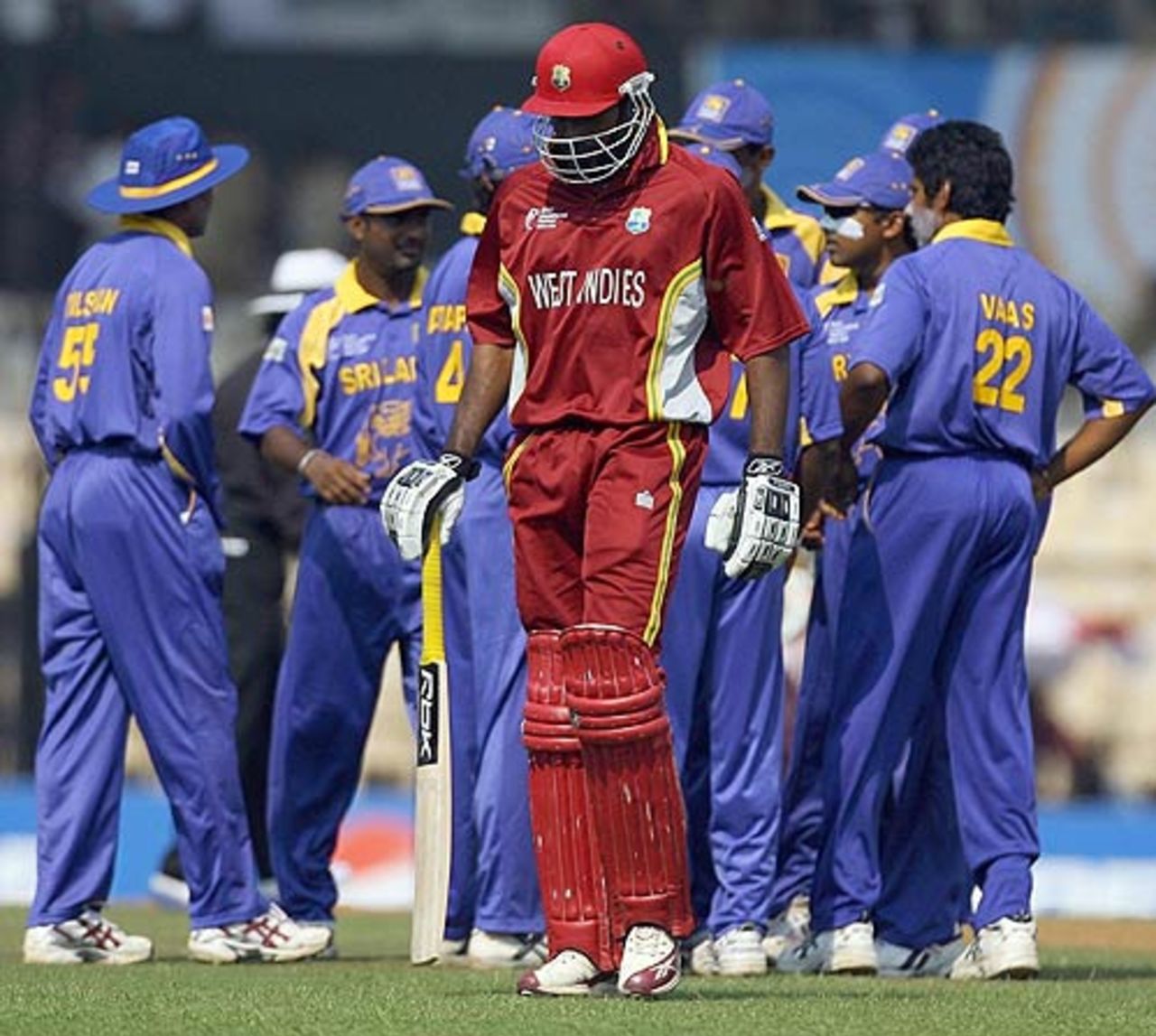 Chris Gayle makes his way back after losing his wicket at 1 for 1, Sri Lanka v West Indies, 6th qualifying match, Champions Trophy, Mumbai, October 14, 2006